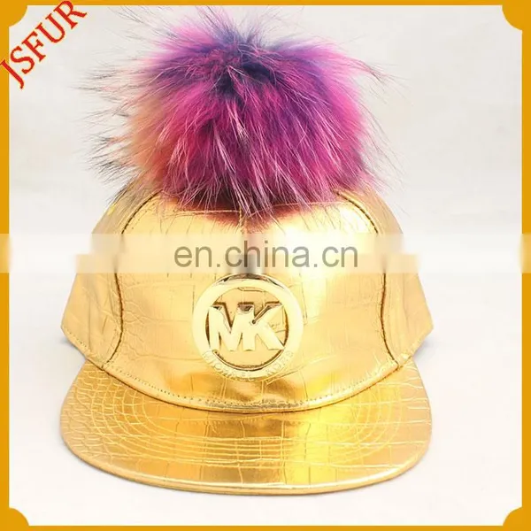 Luxury Gold Colour Spring Hat Raccoon Pompom Fur Cap photo-2