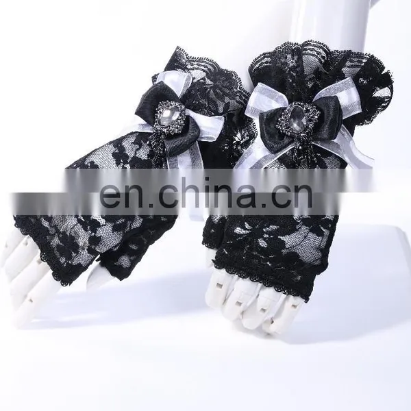 Gothic Laced Fingerless Gloves With Double Bow and Brooch photo-3