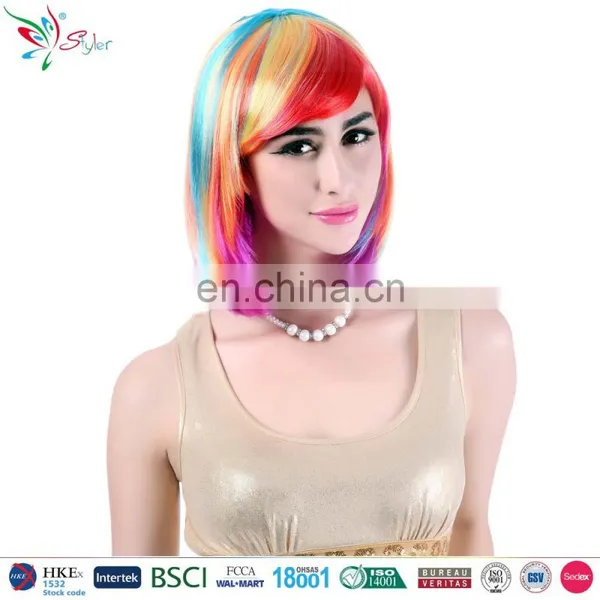 Wholesale Popular Rainbow Synthetic Hair Wig Sexy Bob Short Hair Fashion Wig