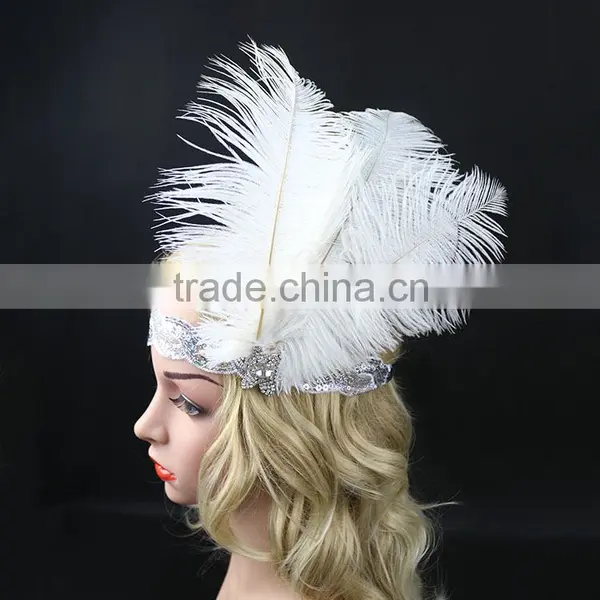 Wholesale Handmade Halloween Flapper Sequin Headpiece White Feather Headband Quality Choice photo-4