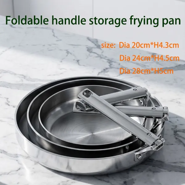 304 Stainless Steel Frying Pan With Foldable Handle for Storing Cookware, Tri-ply Stainless Steel, Induction Cooker, Electric Ceramic Stove, Suitable photo-4
