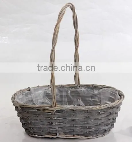 3pcs Oval Grey Wicker Flower Baskets /potswith Handle