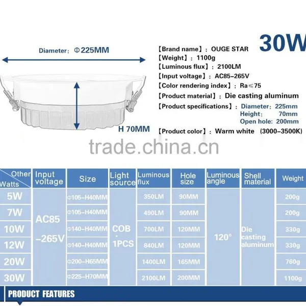 5w 7w 10w 15w 18w 30w Cold White Cob Led Recessed Downlight photo-3