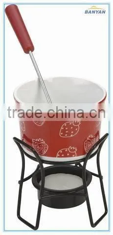 Ceramic Cheese Fondue Set With Stand With Green Color Cheese Press photo-2