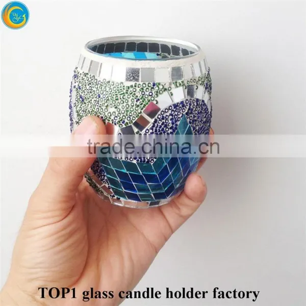 Silver Blue Mosaic Glass Hurricane Candle Holder photo-5