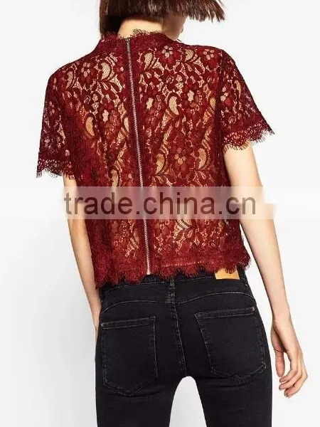 Runwaylover EY2368B Hot Sale 2017 Ladies Hollow Out Shrt Sleeve Lace T-Shirts photo-2