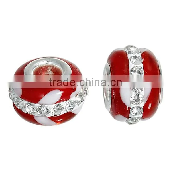 Lampwork Glass European Style Large Hole Charm Beads Round Silver Plated Core Red Clear Rhinestone photo-3