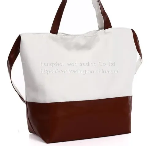 white canvas shoulder bag with PU bottom