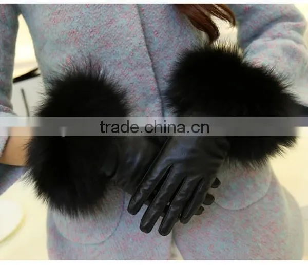 New Collection Wrist Length Inseam Fur Cuffs Black Sheepskin Classical Gloves photo-4
