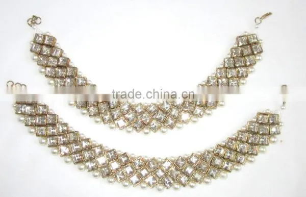 GOLD Tone Crystal PEARLS PAYAL Anklets Pair photo-5