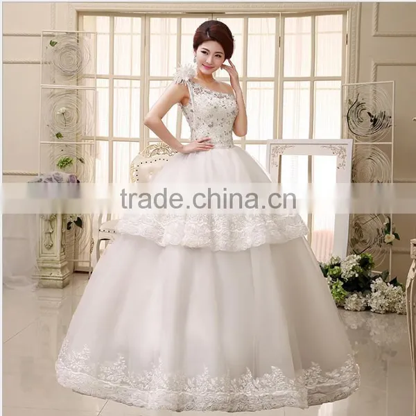 Wholesale Flowers High Low Lace Layer Sweet Wedding Dress Tie Back Drilling Single Shoulder Wedding Dress photo-2