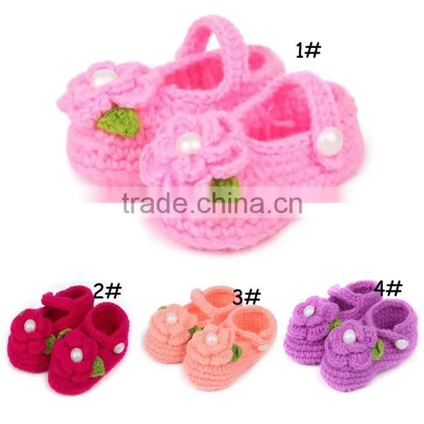 Green Leaves Embellished Hand Made Crochet Knitting Flower Girl Shoes photo-6