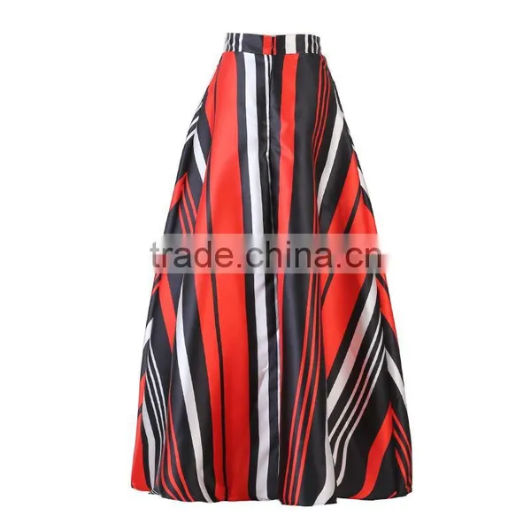 Walson Spring Autumn High Waist Geometry Striped Print Pleated Maxi Skirt Fall Contrast Casual A Line Skater Tutu Skirts Women C photo-4