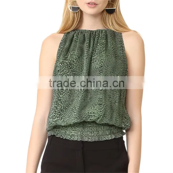 2017 OEM Women Breezy Elastic Round Neckline Leopard Blouse photo-2