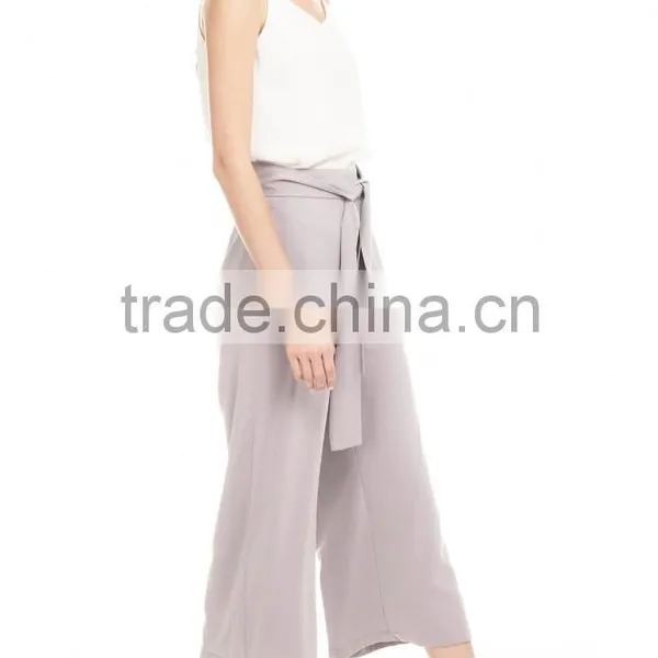 2017 OEM Women Tie Sash High Waist Fully Lined Pants photo-4