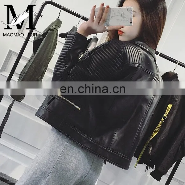 Wholesale Spring Female Long Sleeve Short Beaded Motorcycle Jacket Excelled Leather Jacket photo-4