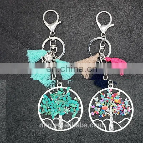 Natural Stone Bead Metal Tree With Tassel Pendant Keychain photo-2