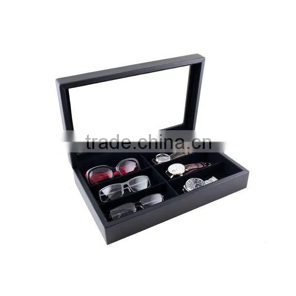 Custom Genuine Leather Glasses Case Watch Storage Box Jewelry Display Case With Glass Top photo-2