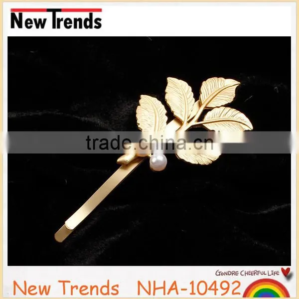 Young Ladies Fashion Accessories Jewelry, Gold Leaf Hair Accessories With Pearl