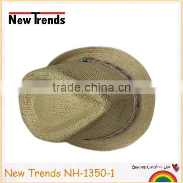 Nature Color Straw Fedora Man Hat Chevron Linen Hatband photo-2