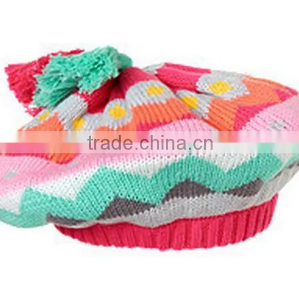 100% Cotton Chevron Knit Beret Hat With Top Tassels