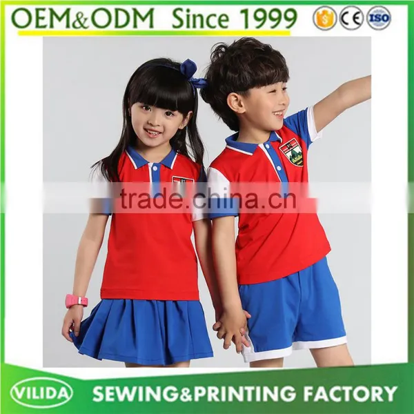 Good Quality Kindergarten Uniform Fashion Primary School Uniform Red Polo Shirt and Bule Shorts or Skirt photo-2