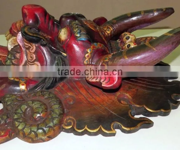 Hand Crafted Wooden Mask of Hindu Buddha Monster Garuda Red Blue Wall Hanging Made in Nepal photo-6