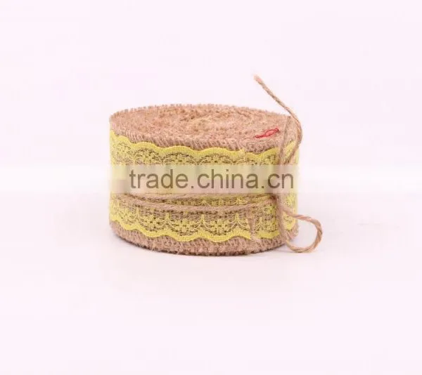 Jute Burlap Natural Hessian Ribbon With Yellow Lace Trim Wedding Rustic Vintage photo-2