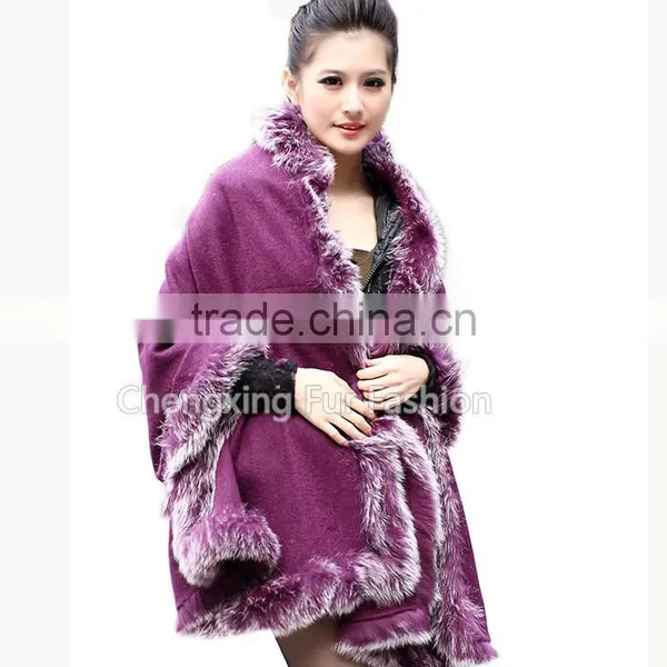 CX-B-P-25E 2016 New Product Fur Poncho Fur Cape With Fox Fur Trimmed photo-3