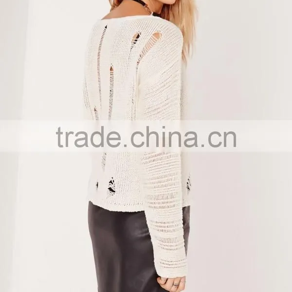 China Women Long Sleeve Sweater Ladder Shoulder Distressed Cropped Jumper White Knitwear Pullover photo-2