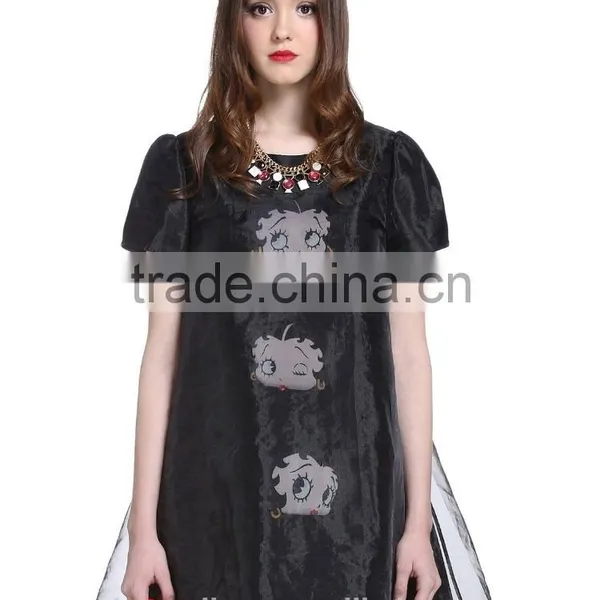 Black Organza Cartoon Printing Polyester Loose Sleeveless A-line Dress