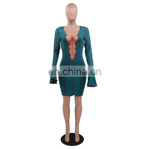 Women Bodycon Dress Long Sleeve Autumn New Arrival Long Sleeve Pit Stripe Solid Color Lace Up Women Dress photo-5