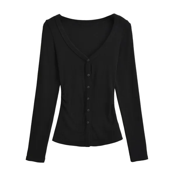 Button Pleated Lace-up Long-sleeved T-shirt Women's 2025 Autumn New Slim Design Sense Undershirt Top Trend photo-4