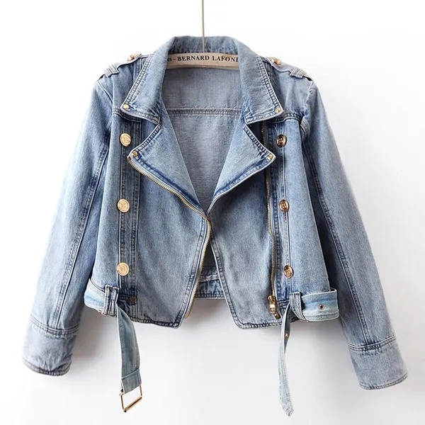 2025 Spring New Design Sense High-waisted Zipper Long-sleeved Denim Coat Women's Short Loose Top Motorcycle Jacket photo-2