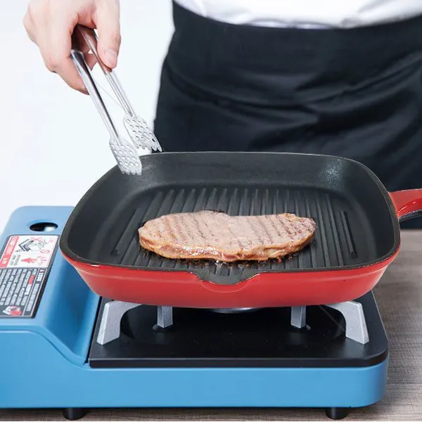 Enameled Cast Iron Steak Grill Pan - Square Skillet With Drip Spout, for All Cooktops, Perfect Grill Marks, Cardinal Red photo-4