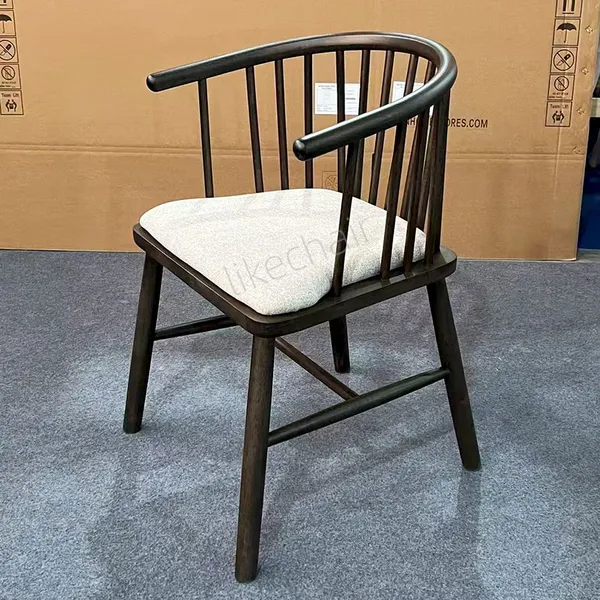 Nordic Style Solid Rubber Wood Windsor Dining Arm Chair Soft Linen Cushion Ergonomic Curved Backrest Durable Hotel Dining Chair photo-2