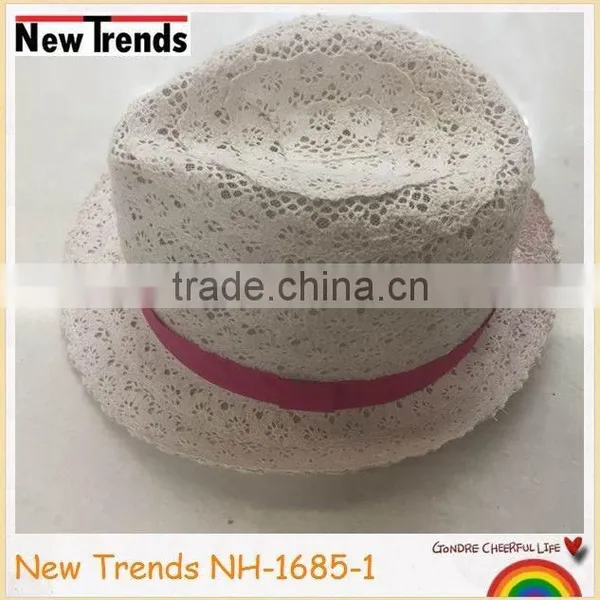 Fashionable Girl Lace Fedora Hat With Pink Ribbon