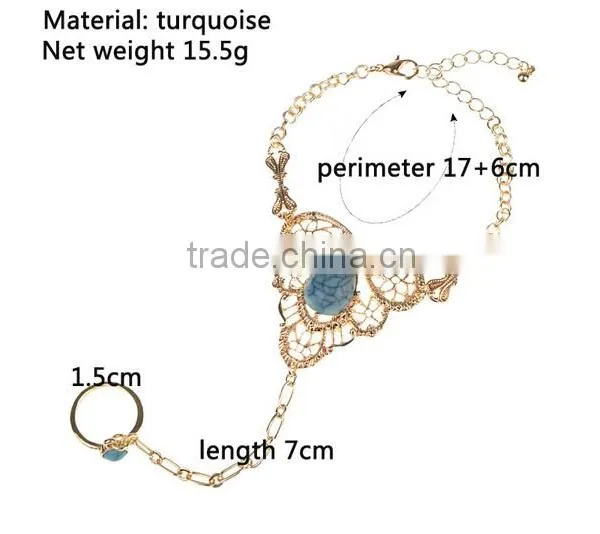 Womens Gold Slave Chain Finger Ring Bangle Hand Harness Bracelet Turquoise Beads photo-2