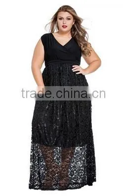 Women's Plus Size V Neck Sleeveless Prom Lace Black Dresses photo-2