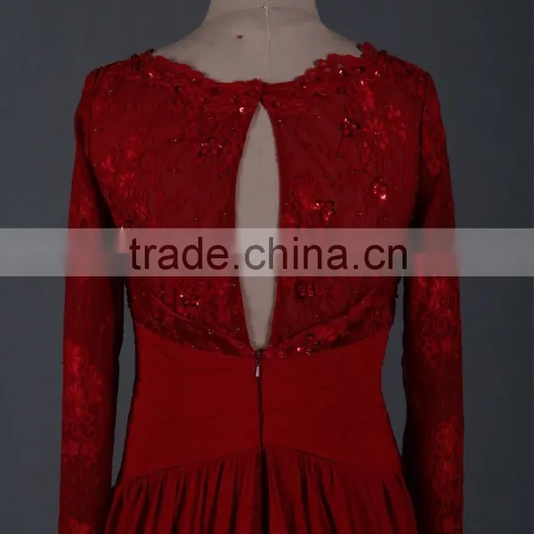 RSE665 Sexu Back Open Keyhole Long Sleeves Wine Red Arabic Patterns Of Lace Evening Dress photo-2