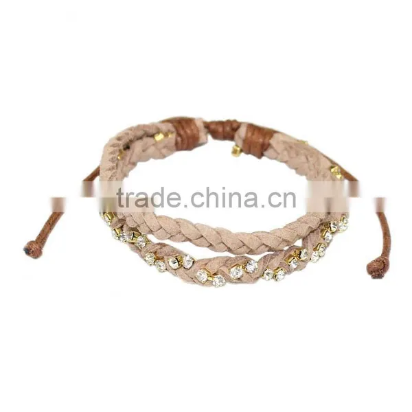 Rhinestone Chain Suede Leather Braided Layered Bracelet Double Strand Velvet Leather Handwoven Bracelet photo-2