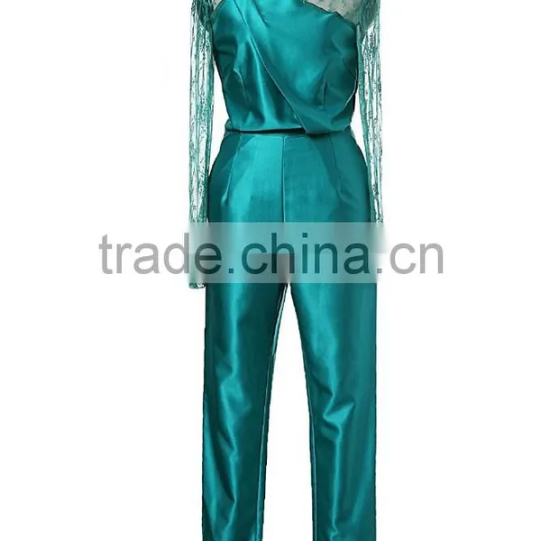 Autumn Round Neck Embroidered Mesh Patched Long Sleeve High Empire Pleated Women Jumpsuit photo-2
