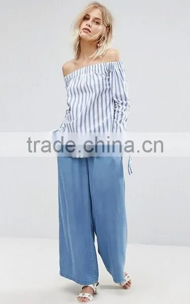 2017 Fashion Stripe And Tie Sleeve Off The Shoulder Top photo-4