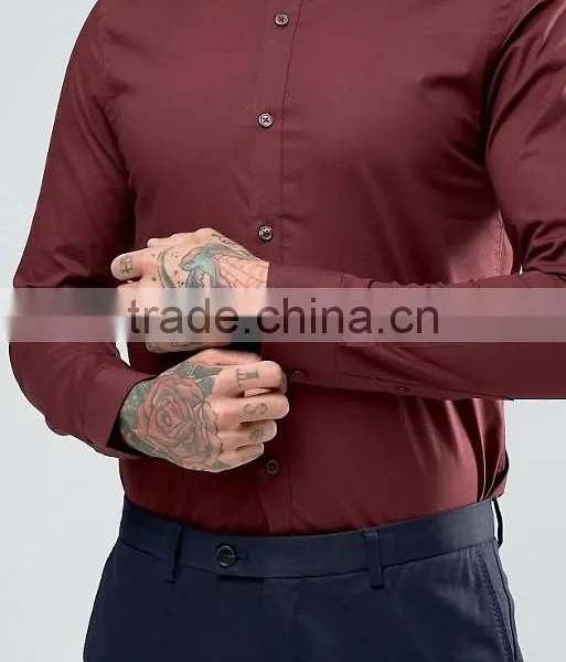 Guangzhou High Quality Custom Long Sleeve Point Collar Mens 97% Cotton 3% Elastane Casual Slim Fit Plum Solid Shirts photo-3