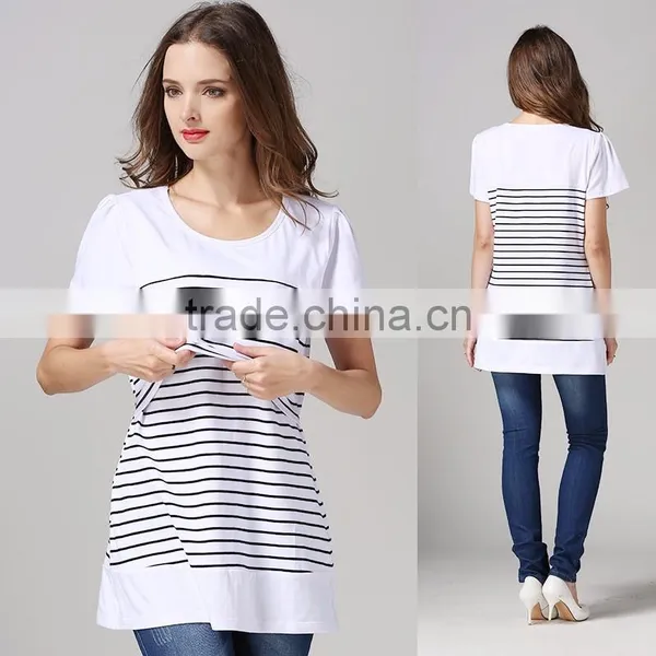 Convenience Breastfeeding T-shirts Black and White Strips Single Maternity Tops photo-5