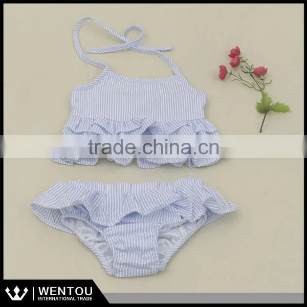 Wholesale Ruffled Kids Two Piece Seersucker Swimsuit