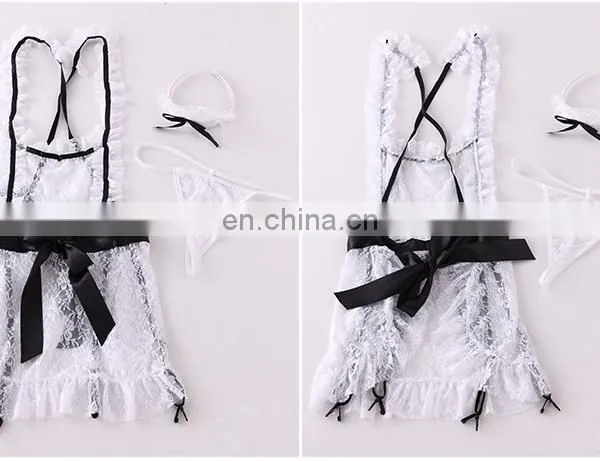Women's Lace See Through Sexy Lingerie French Maid Uniform Apron Fancy Crothless Sexy Dress photo-6