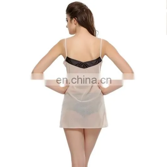 Romantic Beige Short Nightdress With Black Lace photo-5