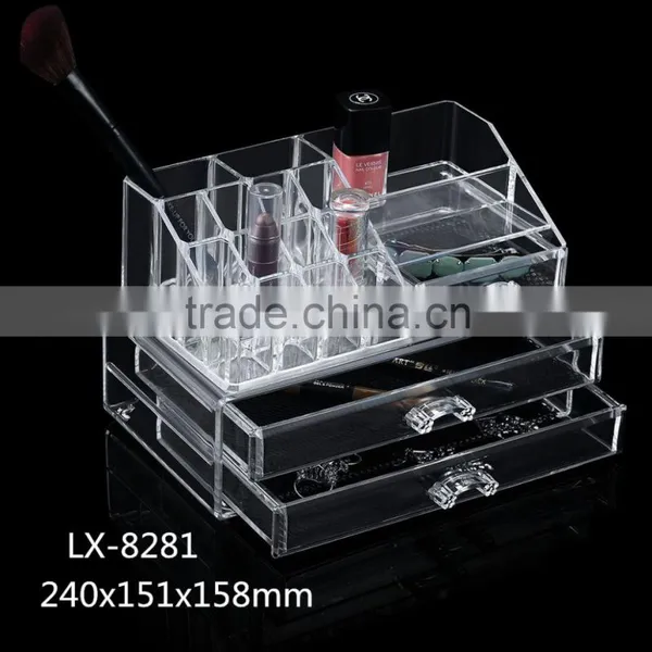 2016 Longshixiang Newest Fahional PS Wholesale Makeup Organizer Transparent Two Drawers Jewel Case