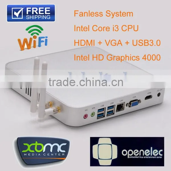 Compact Computer Fanless Mini PC Embedded Wifi With CPU Intel Core i3 3217U Support XBMC Openelec Windows Linux